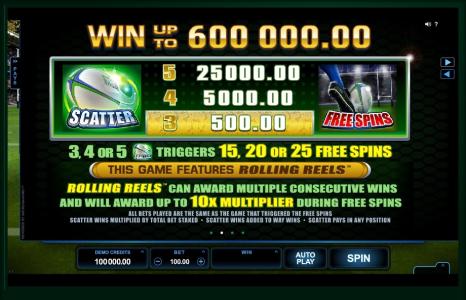 Rugby Star Slot Machine Free Spins and Rolling Reels Feature Screen