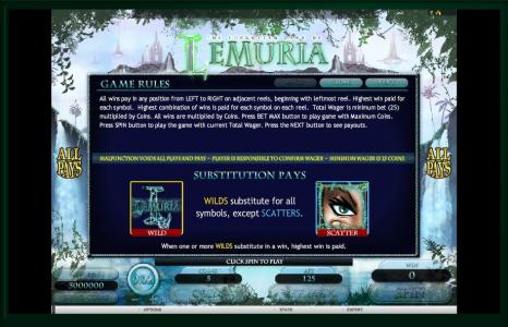 The Forgotten Land of Lemuria Slot Machine Scatter Awards and Wild Symbol Screen