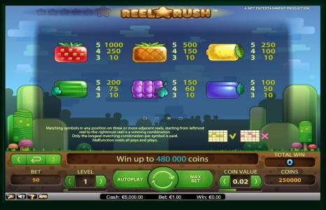 Reel Rush Slot Machine Paytable Screen