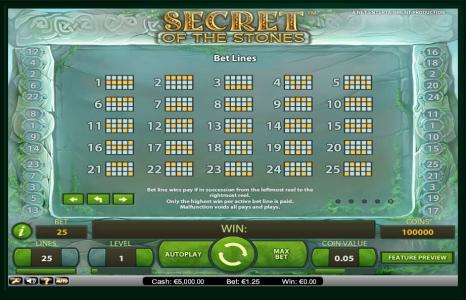 Secret of the Stones Slot Machine Paylines Screen