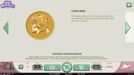 Jimi Hendrix Slot Machine Coin Win Feature Screen