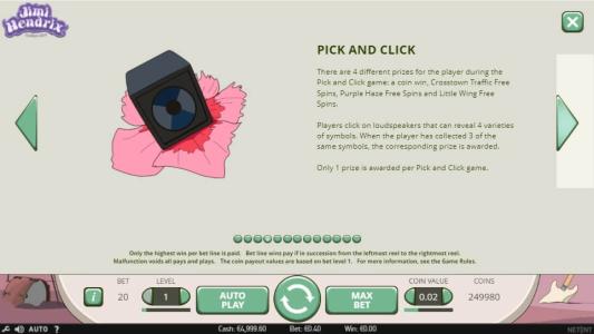 Jimi Hendrix Slot Machine Pick and Click Feature Screen