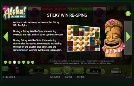 Aloha! Cluster Pays Slot Machine Sticky Win Re-Spins Screen