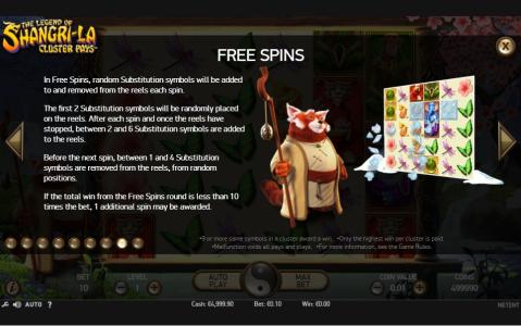 The Legend of Shangri-La: Cluster Pays Slot Machine Free Spins Bonus Screen