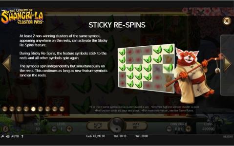 The Legend of Shangri-La: Cluster Pays Slot Machine Sticky Re-Spins Feature Screen