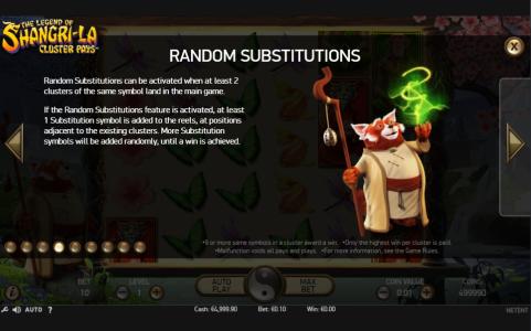 The Legend of Shangri-La: Cluster Pays Slot Machine Random Substitutions Feature Screen