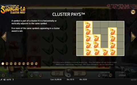 The Legend of Shangri-La: Cluster Pays Slot Machine Cluster Pays Screen