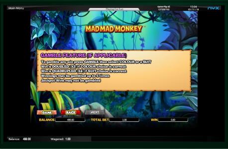 Mad Mad Monkey Slot Machine Gamble Feature (Alternative) Screen