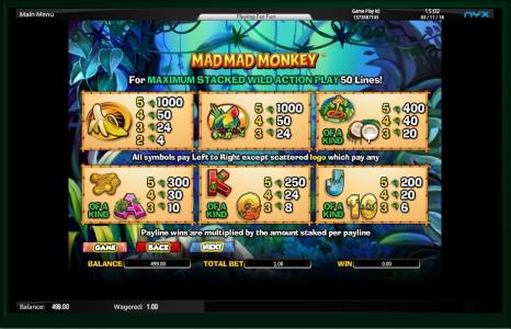 Mad Mad Monkey Slot Machine Paytable Screen