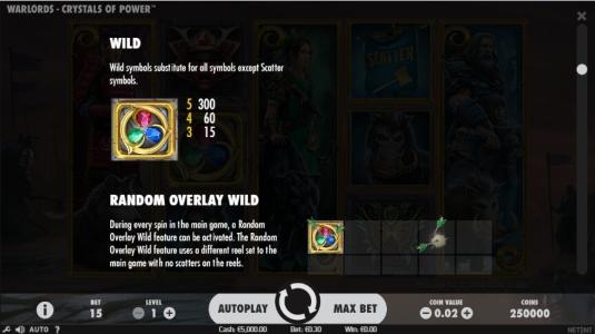 Warlords: Crystals of Power Slot Machine Scatter Awards and Wild Symbol Screen