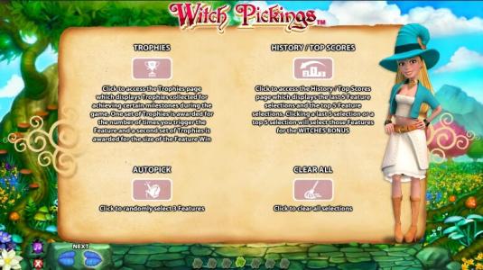 Witch Pickings Slot Machine Bonus Features Overview Screen