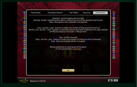 50 Dragons Slot Machine Game Instructions Screen