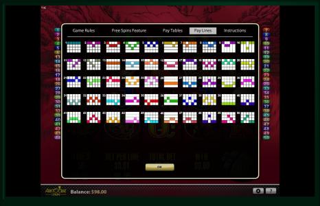50 Dragons Slot Machine Paylines Screen