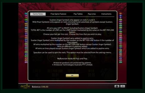 50 Dragons Slot Machine Game Rules Screen