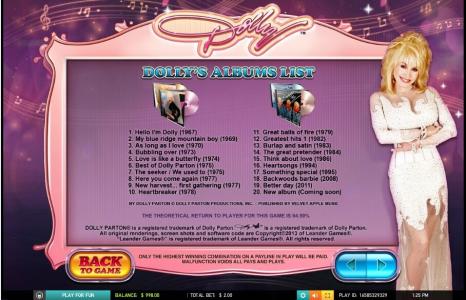 Dolly Parton Slot Machine Dolly's Albums List Screen