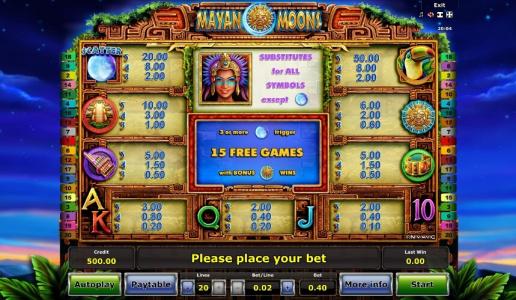 Mayan Moons Slot Machine Paytable Screen