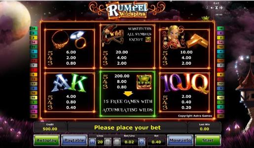 Rumpel WildSpins Slot Machine Paytable Screen
