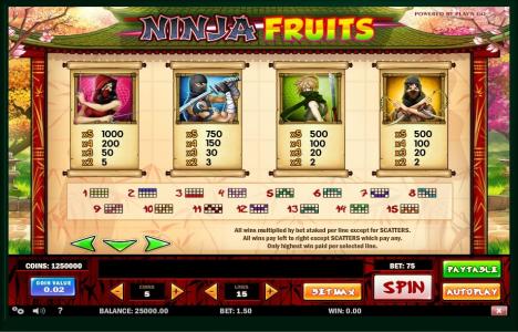 Ninja Fruits Slot Machine Paytable Screen