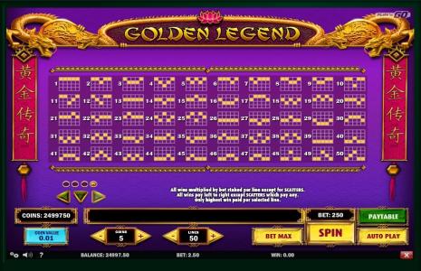 Golden Legend Slot Machine Paylines Screen