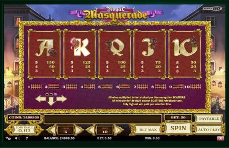 Royal Masquerade Slot Machine Paytable Screen