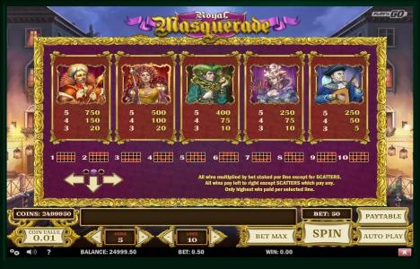 Royal Masquerade Slot Machine Paytable Screen