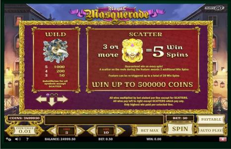 Royal Masquerade Slot Machine Scatter Awards and Wild Symbol Screen