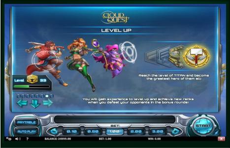 Cloud Quest Slot Machine Level Up Feature Screen