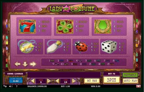 Lady of Fortune Slot Machine Paytable Screen