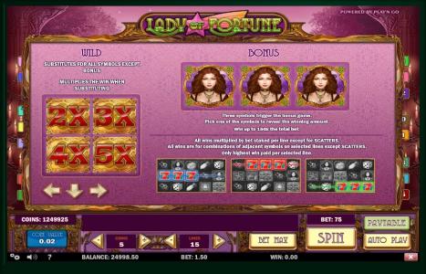 Lady of Fortune Slot Machine Scatter Awards and Wild Symbol Screen