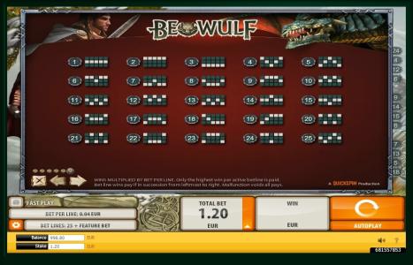 Beowulf Slot Machine Paylines Screen