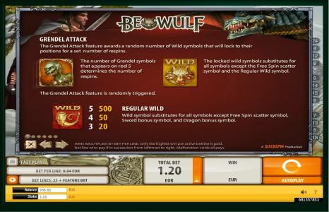 Beowulf Slot Machine Scatter Awards and Wild Symbol Screen