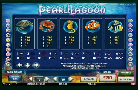 Pearl Lagoon Pearl Lagoon Slot Machine Paytable Screen