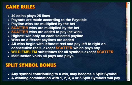 Samurai Split Slot Machine Game Rules Screen