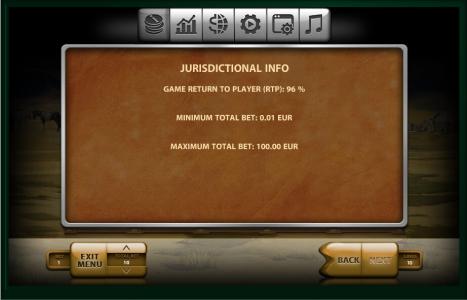 Mongol Treasures Slot Machine Jurisdictional Info Screen