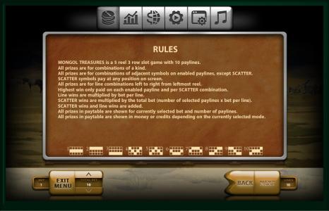 Mongol Treasures Slot Machine Game Rules Screen