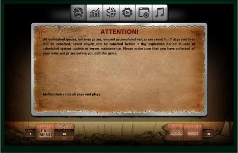 Stone Age Slot Machine Game Warning and Malfunction Information Screen