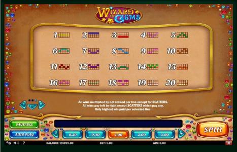Wizard of Gems Slot Machine Paylines Screen