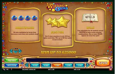 Wizard of Gems Slot Machine Scatter Awards and Wild Symbol Screen