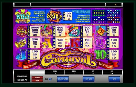 Carnaval Slot Machine Paytable Screen