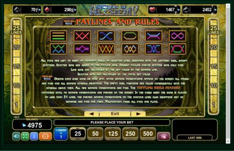 Secrets of Alchemy Slot Machine Paylines Screen