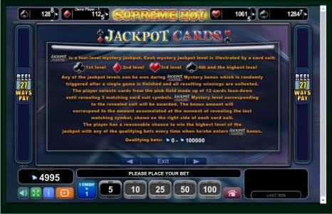 Supreme Hot Slot Machine Jackpot Cards Feature Screen