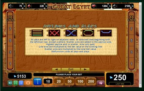 The Great Egypt Slot Machine Paylines Screen