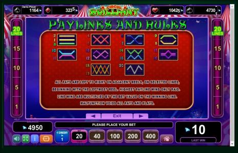 Circus Brilliant Slot Machine Paylines Screen