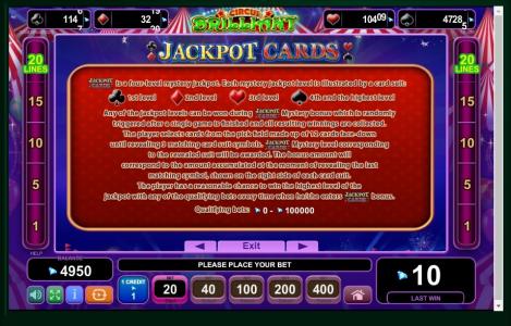 Circus Brilliant Slot Machine Jackpot Cards Feature Screen