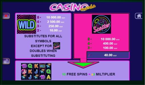 Casino Mania Slot Machine Scatter Awards and Wild Symbol Screen