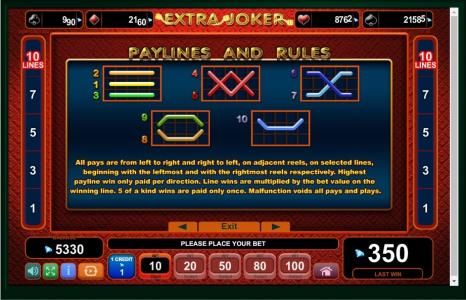 Extra Joker Slot Machine Paylines Screen