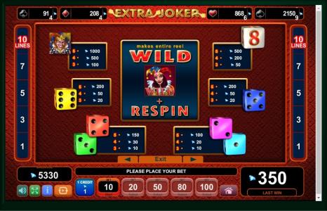 Extra Joker Slot Machine Paytable Screen