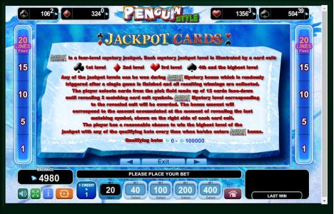 Penguin Style Slot Machine Jackpot Cards Feature Screen