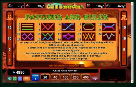 Cats Royal Slot Machine Paylines Screen