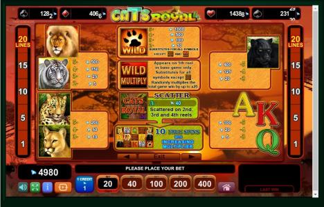Cats Royal Slot Machine Paytable and Free Spins Information Screen